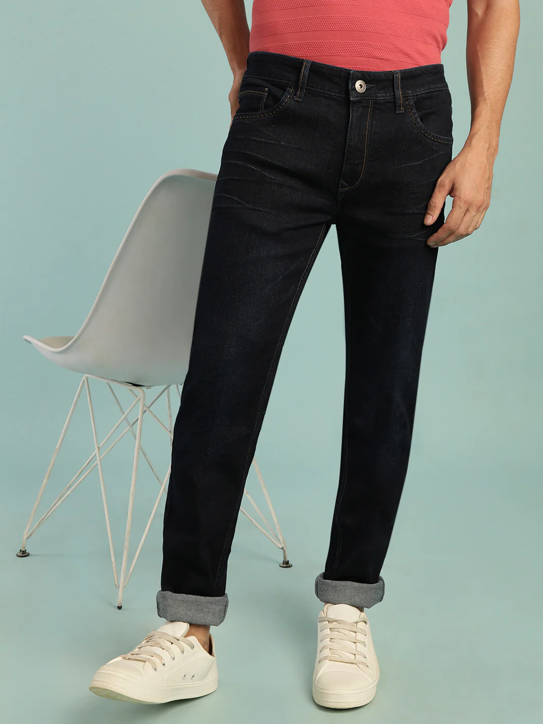 Indigo Blue Solid Mid Rise Slim Fit Jean