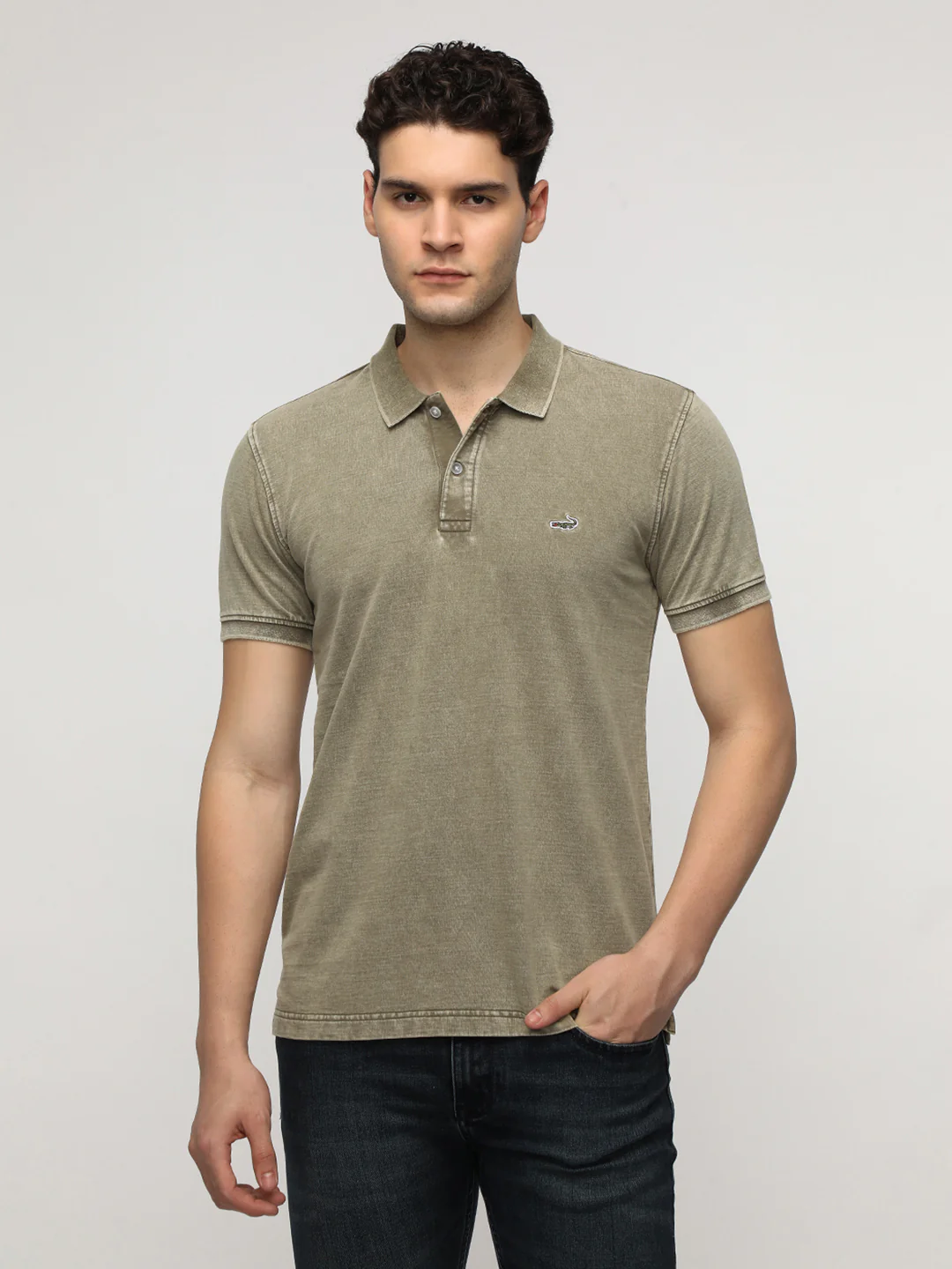Acid Washed Solid Polo T-Shirt in Olive