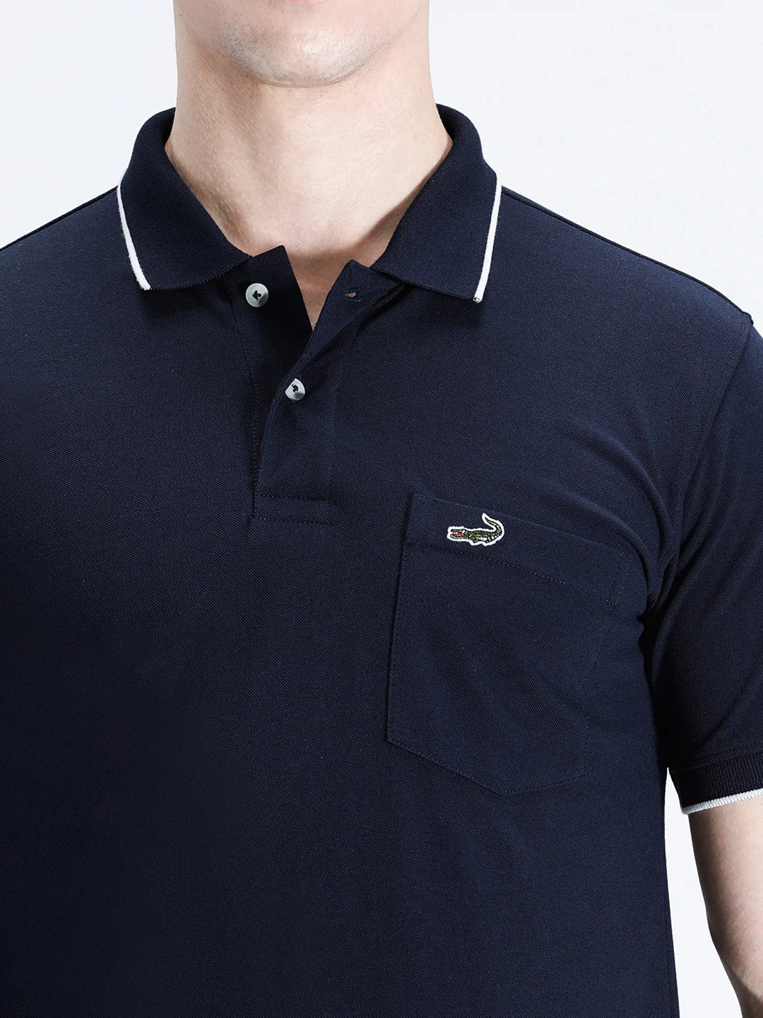 Casual Navy Solid Polo T-Shirt with Pocket