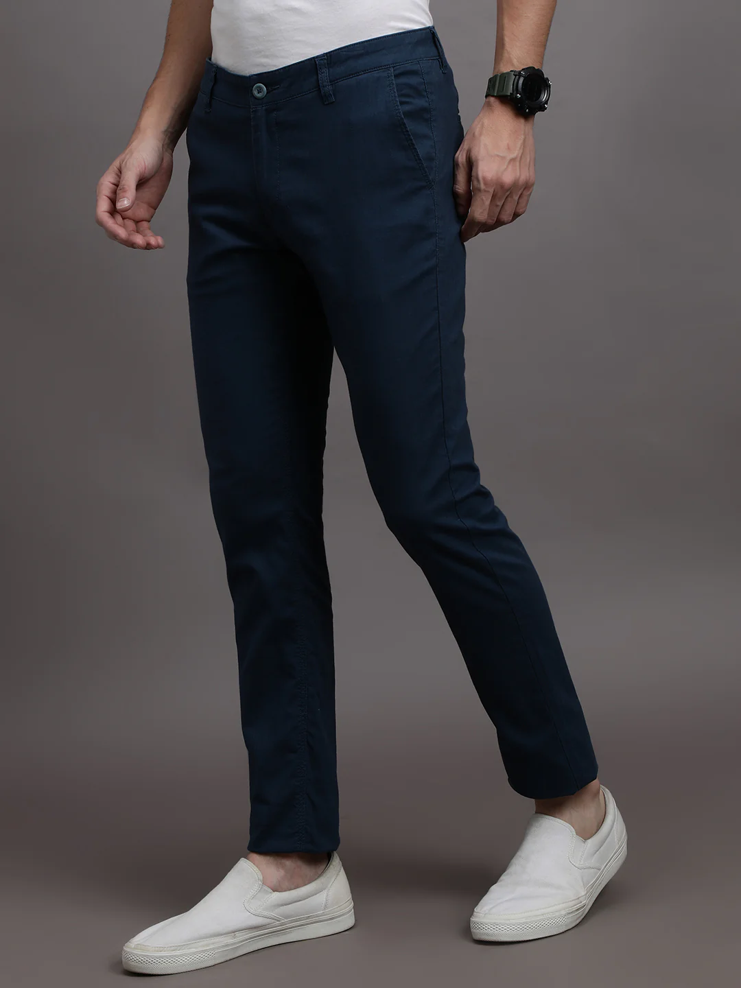 Solid Slim Fit Casual Navy Trouser