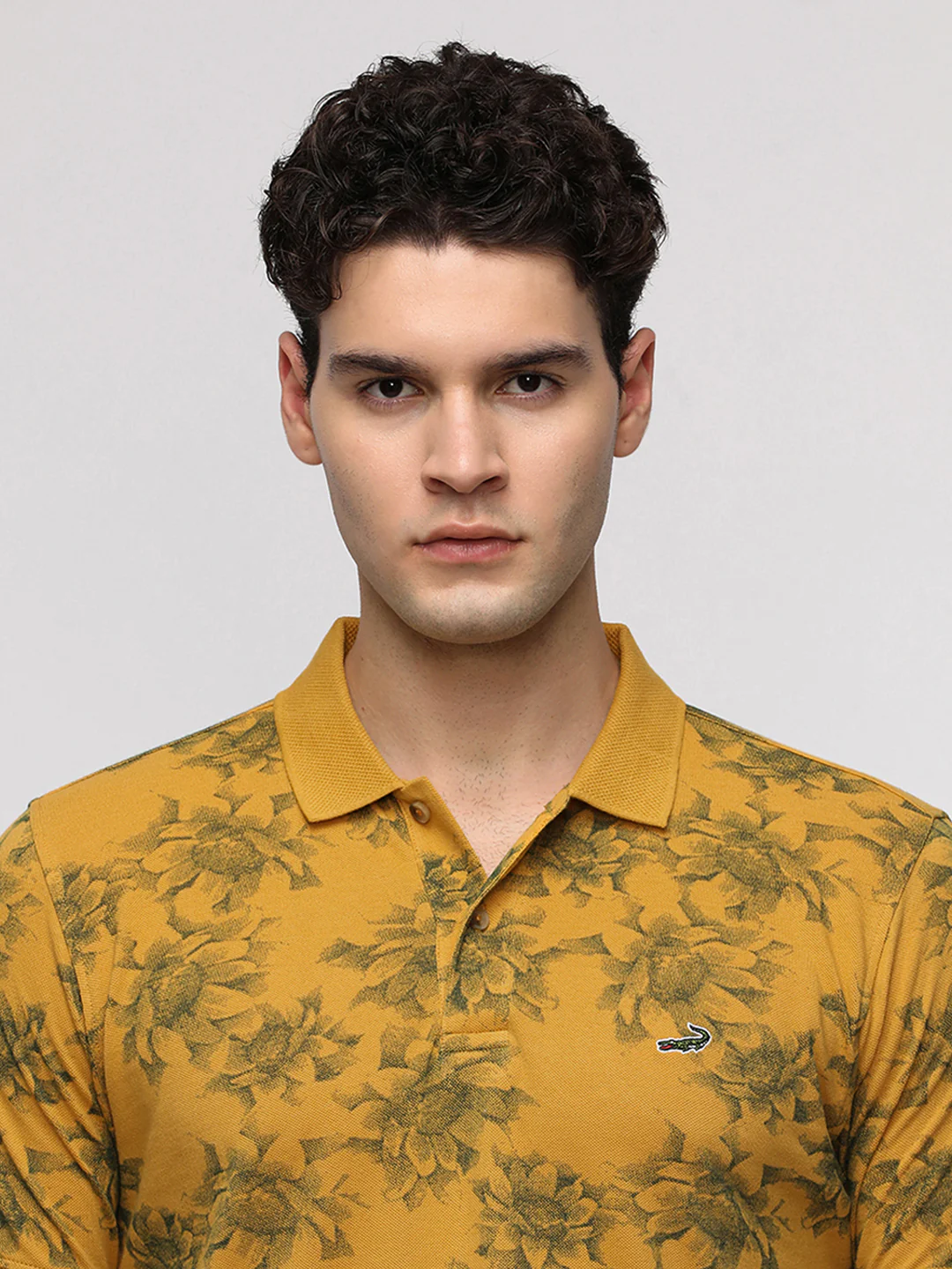Floral Abstract All Over Print Polo T-Shirt in Mustard