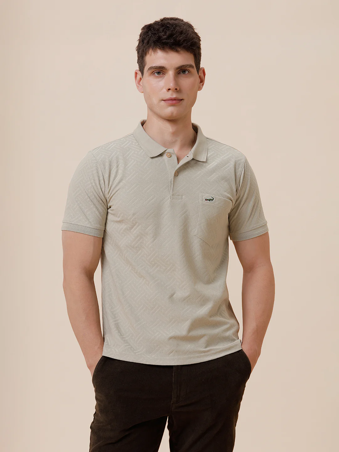 Diagonal Self Structure Solid Polo Tshirt In Stone