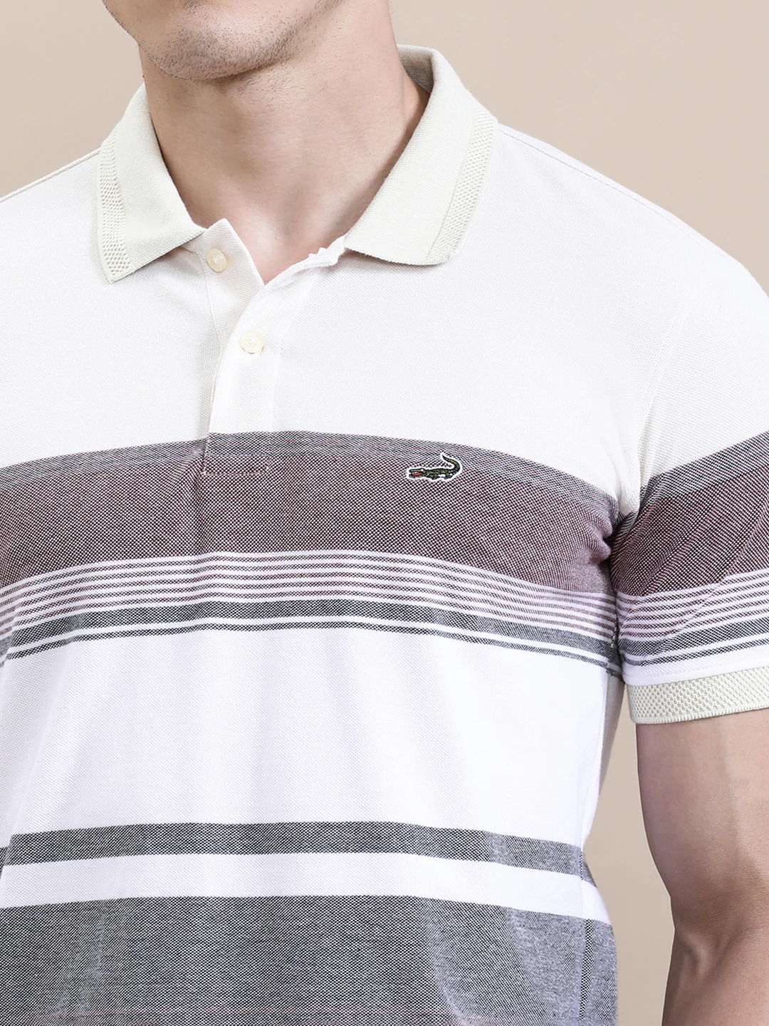 Solid Melange Striped Slim Fit Polo Beige