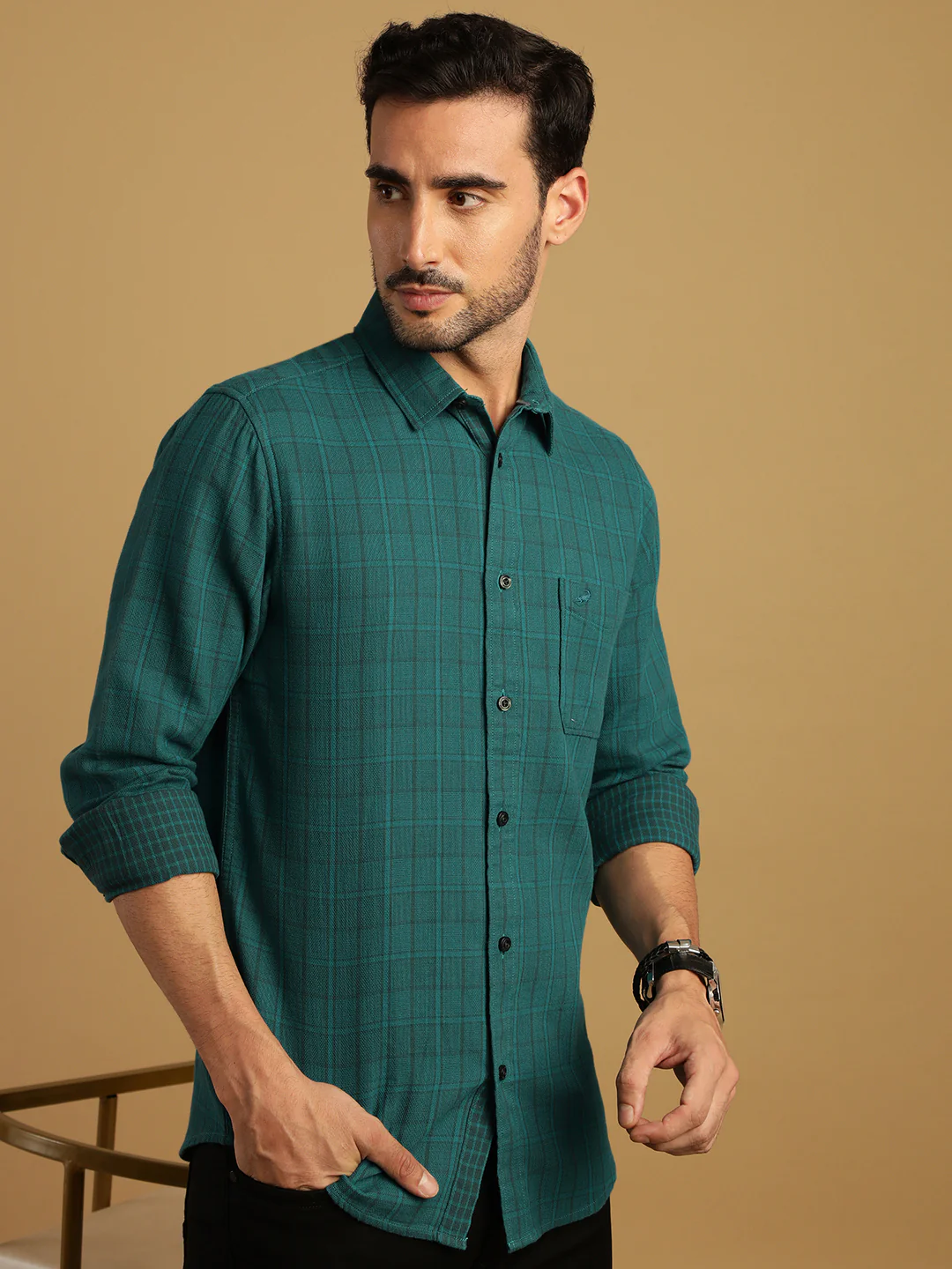 Teal Green Checked Full Sleeve 100% Cotton Shirt