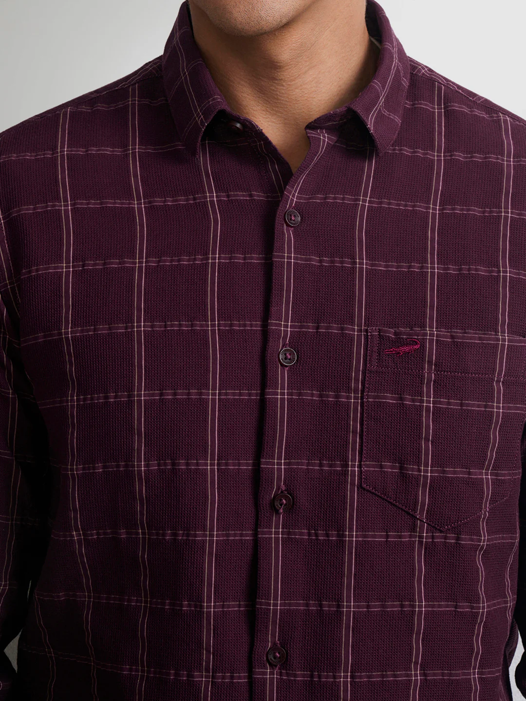 Cotton Waffle Textured Check Shirt Wine