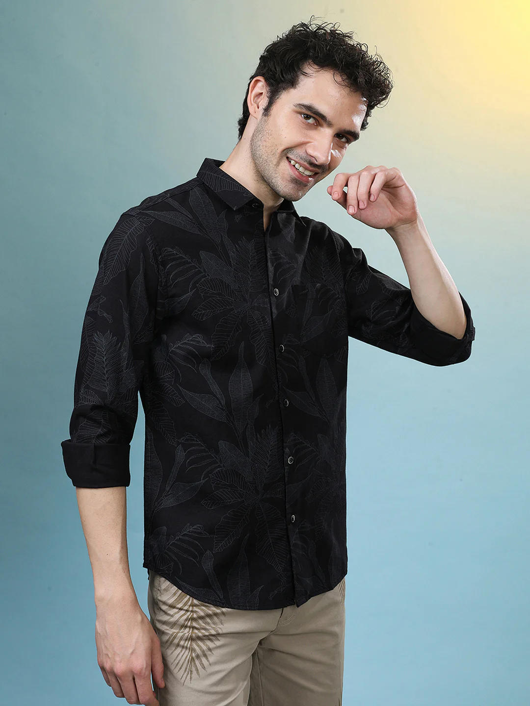 Artistic Leaf Printed Casual Shirt in Cotton Fabric Black
