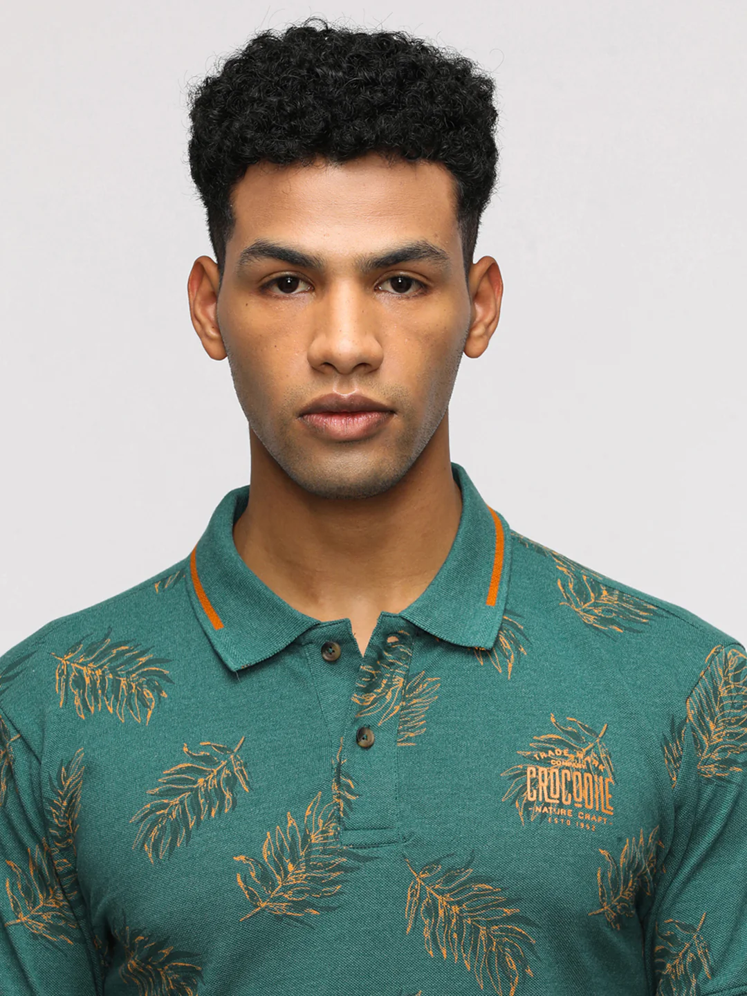 Polo Neck Sporty Green Melange T-Shirt with Pique