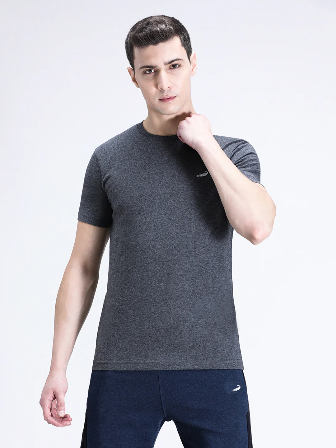 Charcoal Melange Grey Casual Solid T-Shirt