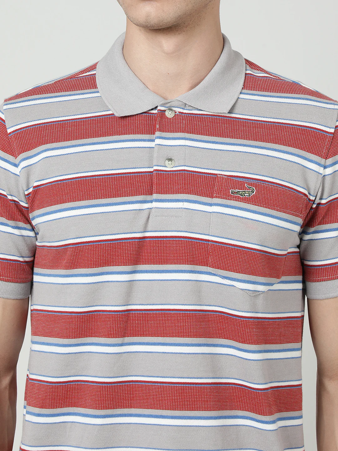 Grey and White Striped Polo T-Shirt