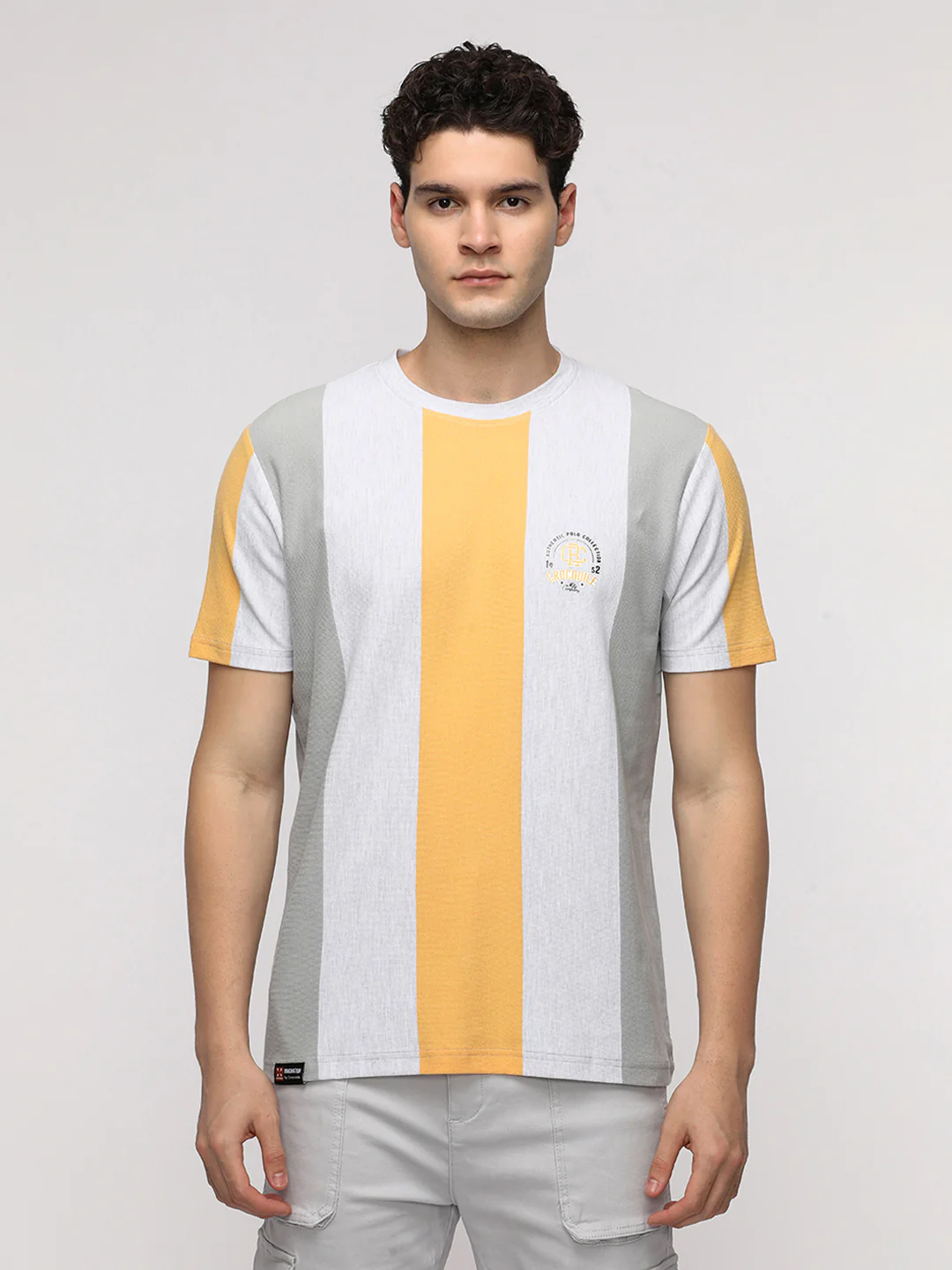 Vertical Stripe with Chest Print T-Shirt in White