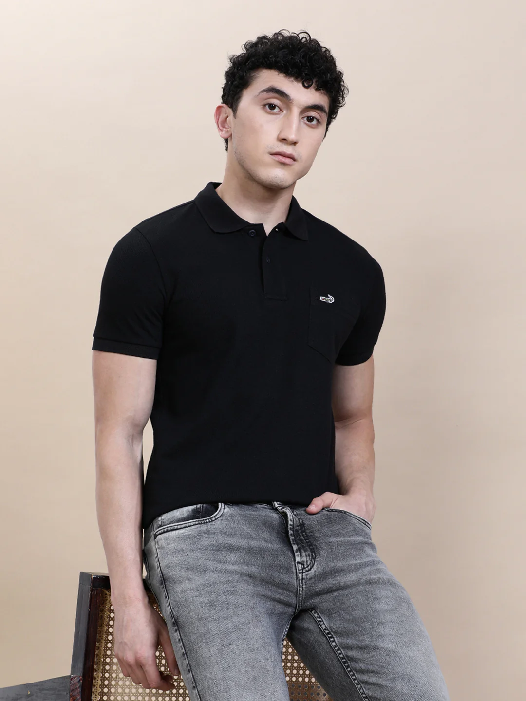 Casual Solid Black Polo T-Shirt with Pocket