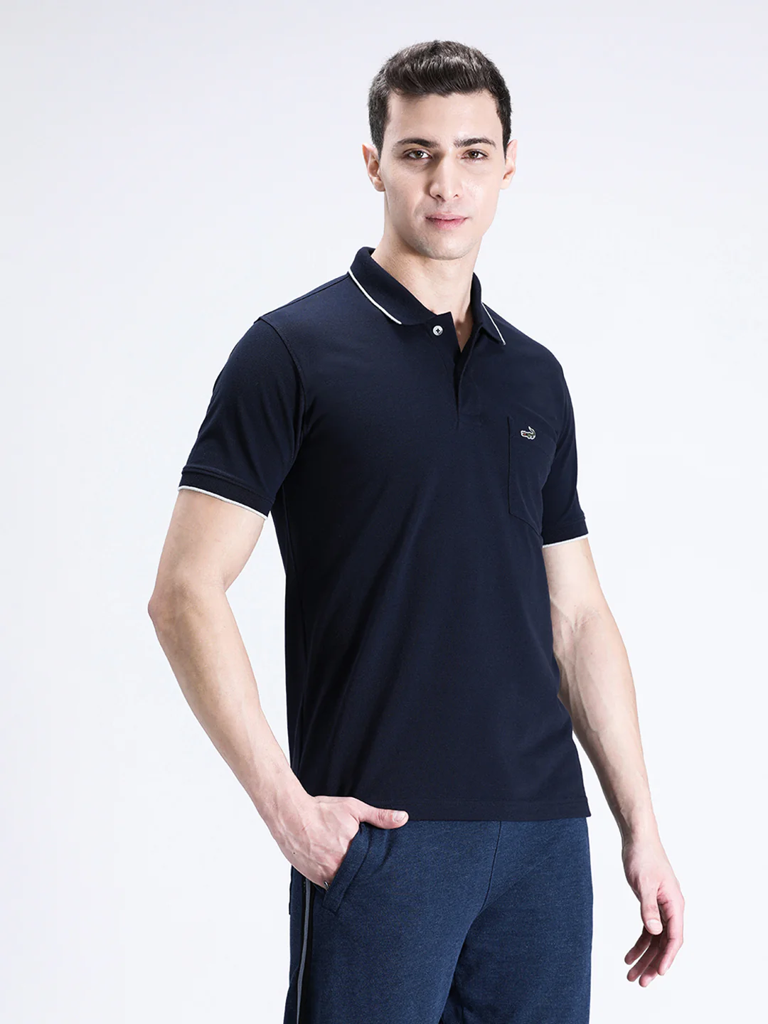 Casual Navy Solid Polo T-Shirt with Pocket