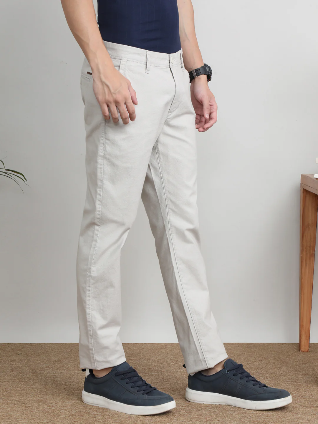 Solid Cream Casual Trouser