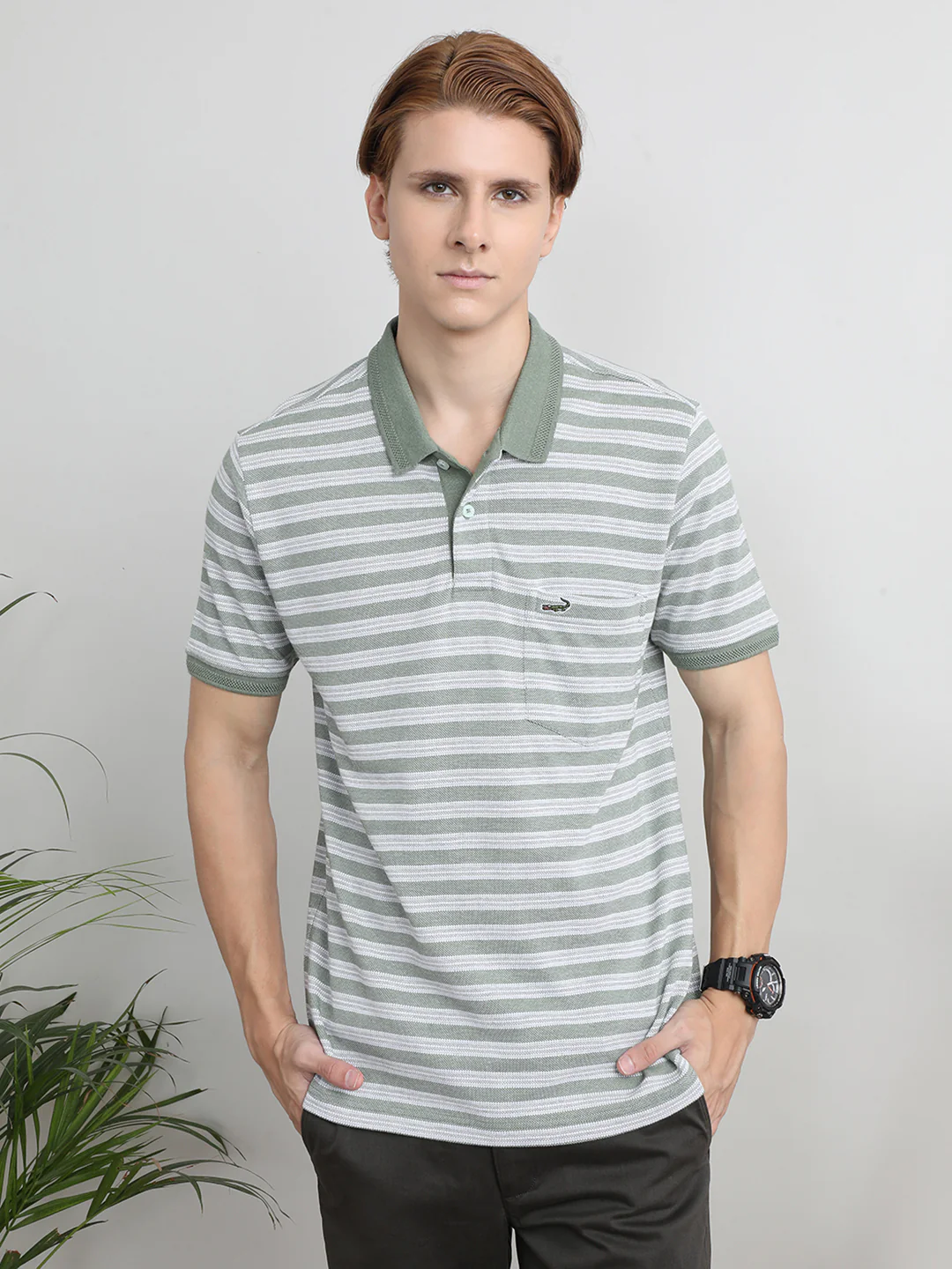 Striped Half Sleeve Casual Green Polo T-Shirt with Pocket