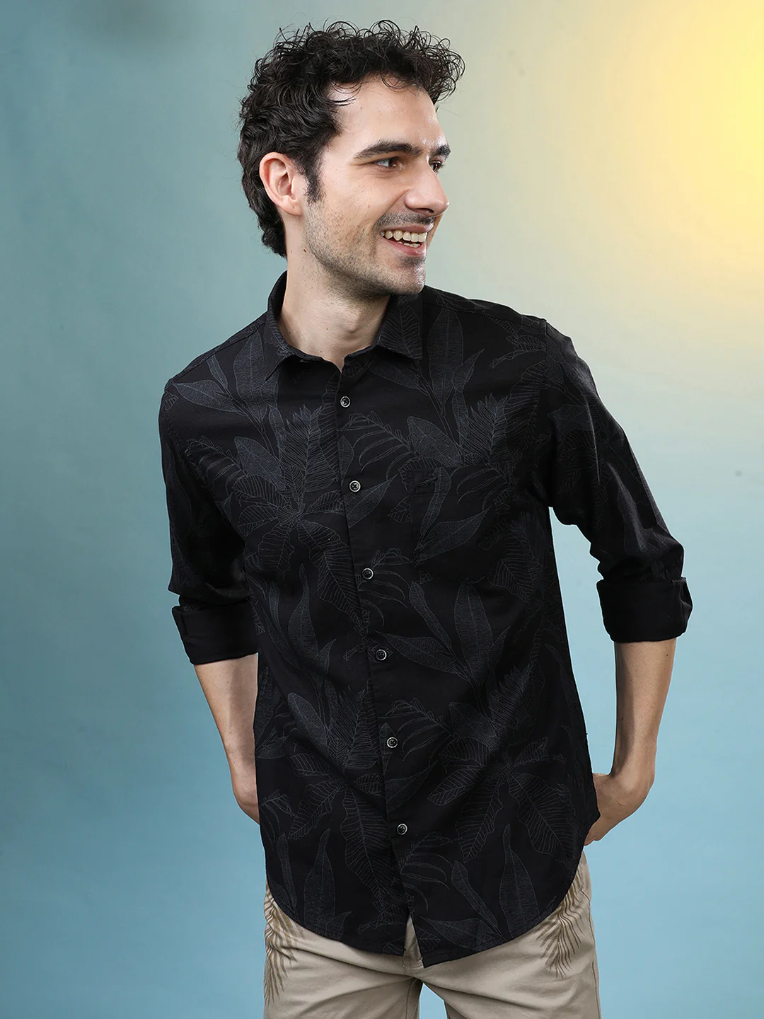 Artistic Leaf Printed Casual Shirt in Cotton Fabric Black