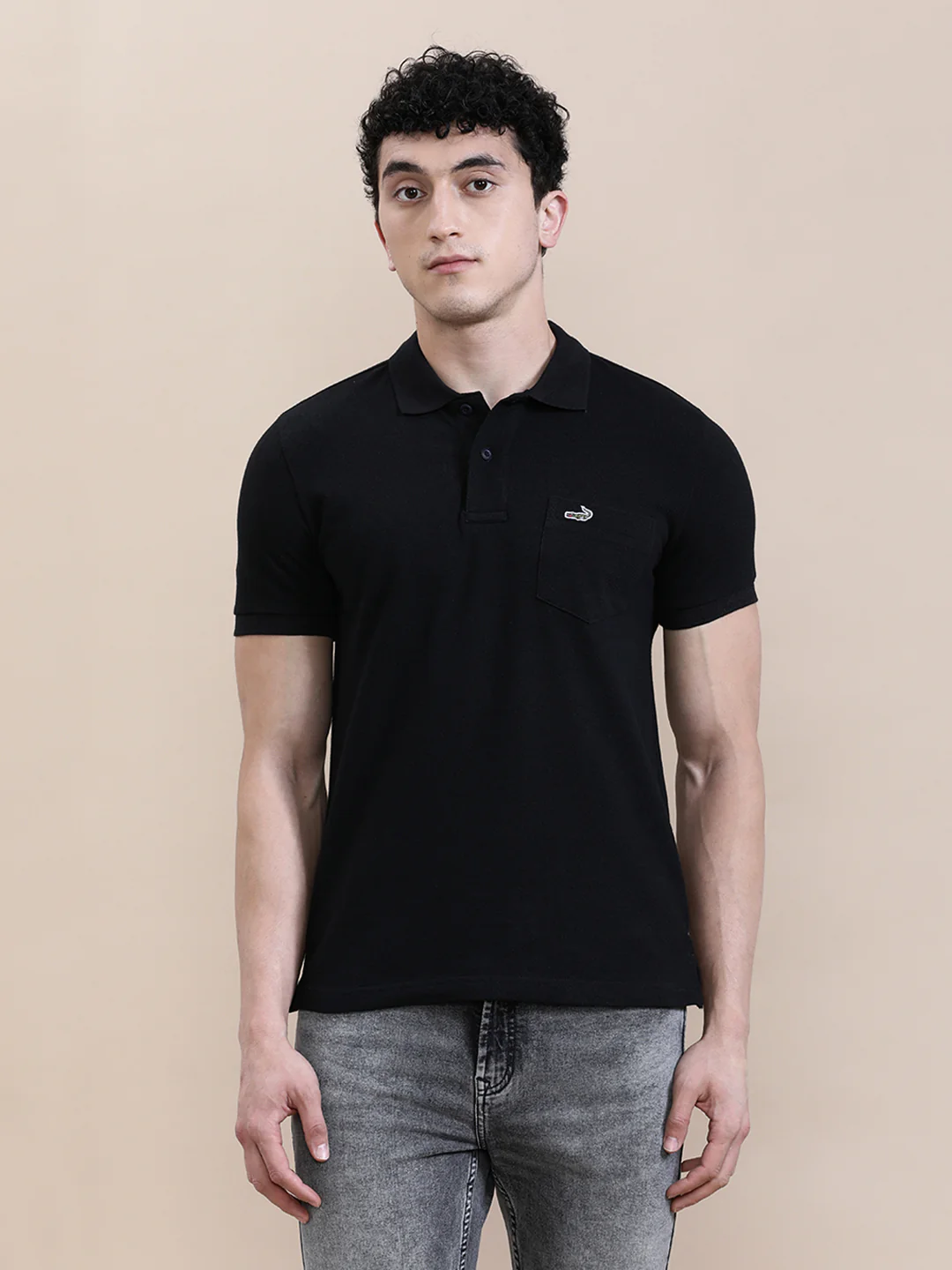 Casual Solid Black Polo T-Shirt with Pocket