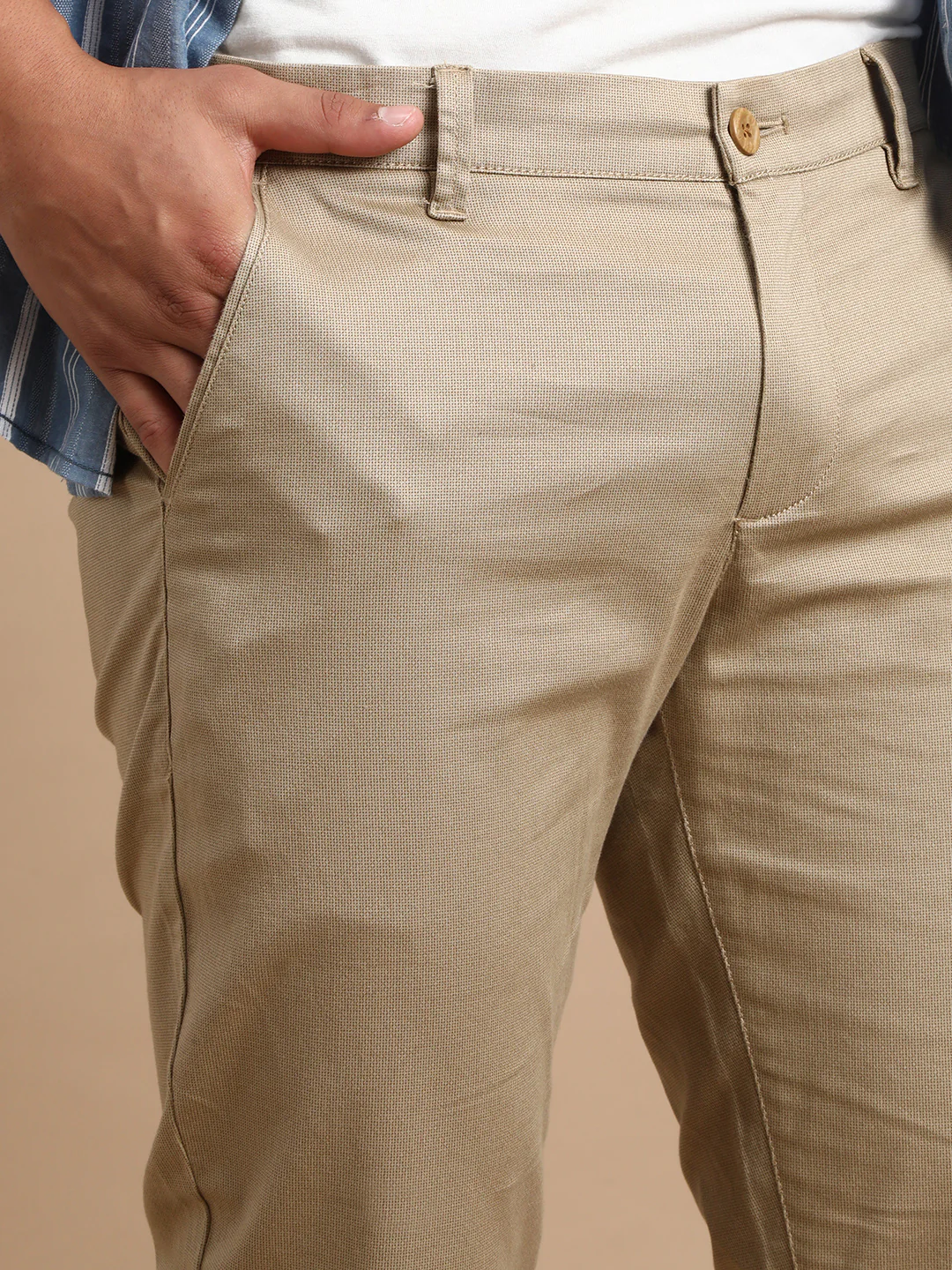 Khaki Brown Printed Slim Fit Casual Trouser