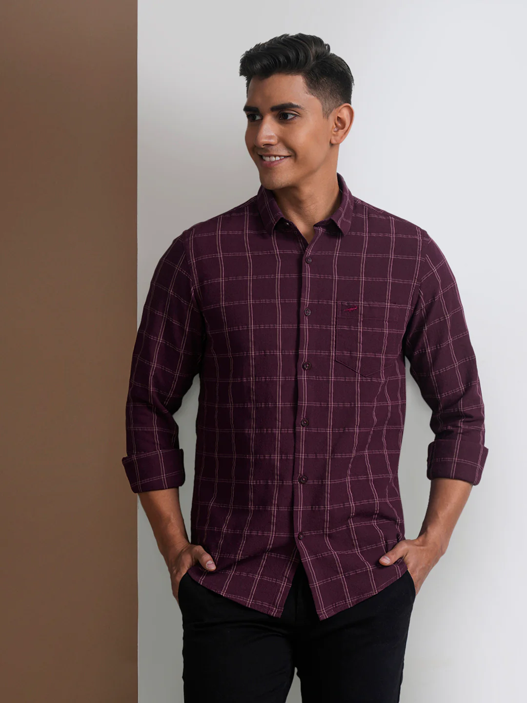 Cotton Waffle Textured Check Shirt Wine