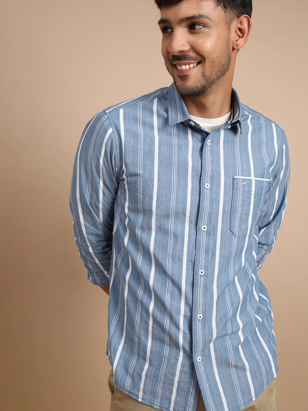 Blue Casual Striped Full Sleeve 100% Cotton Shirt