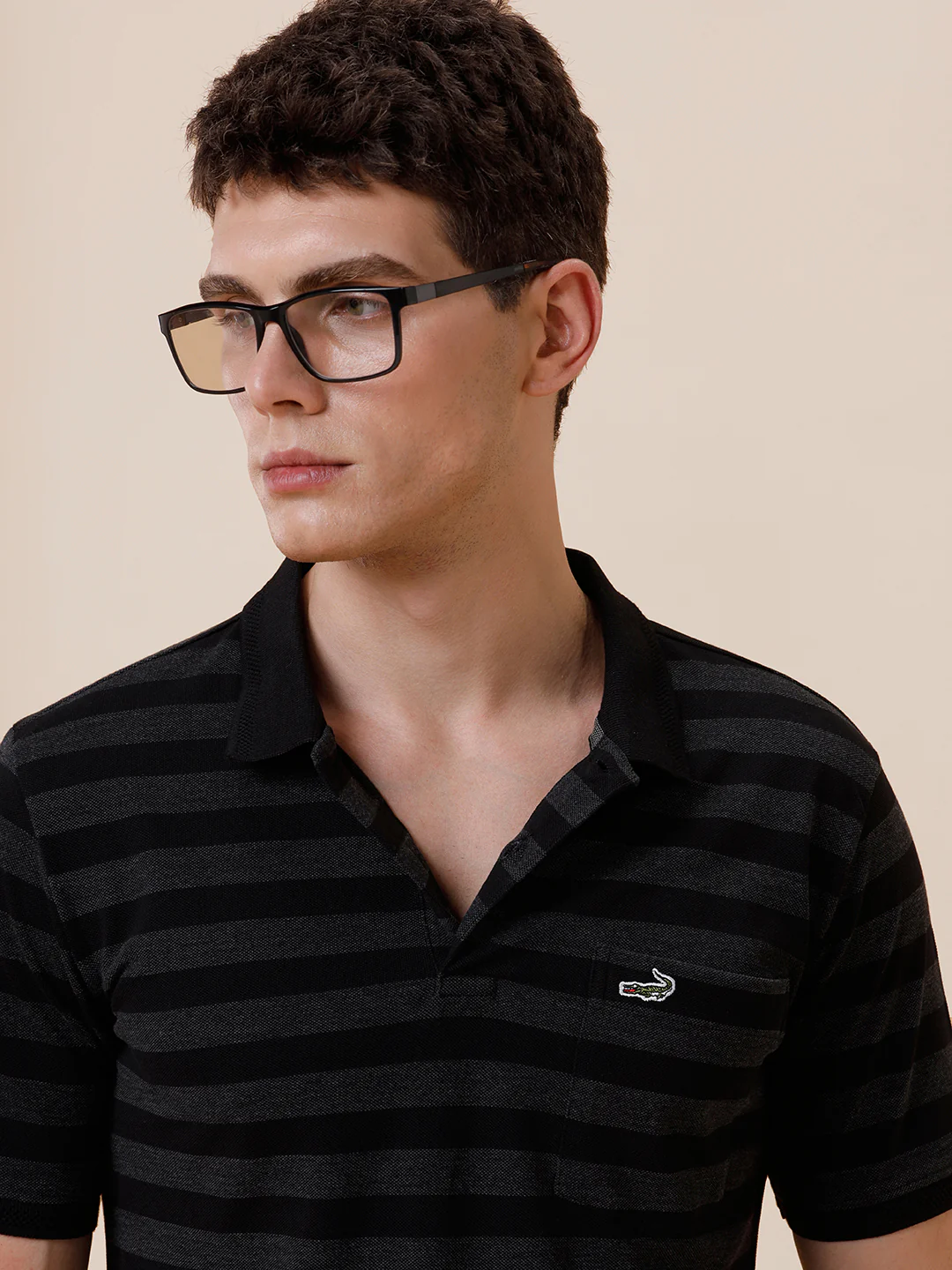 Tonal Melange 1X1 Striped Polo T-Shirt In Charcoal