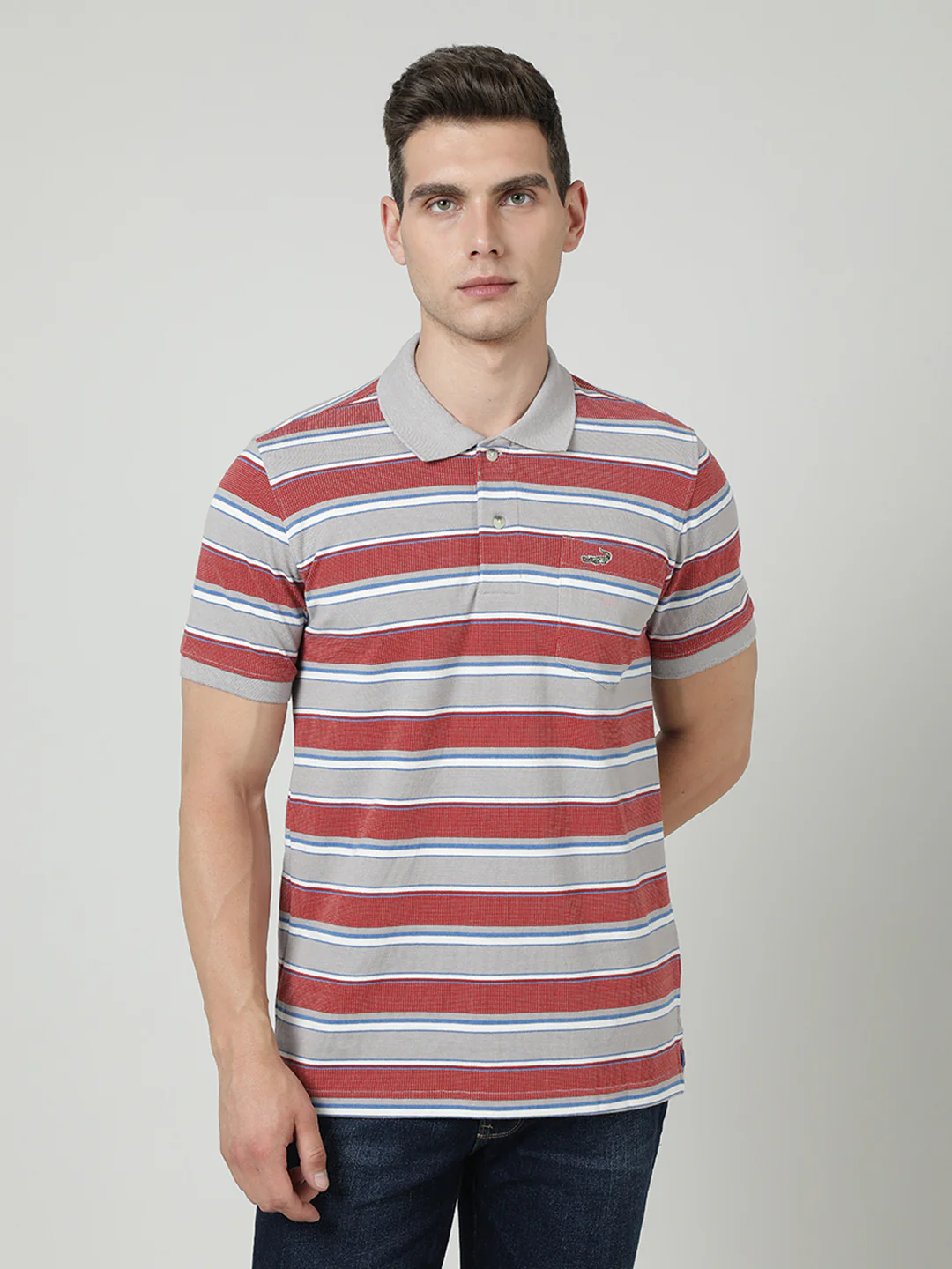 Grey and White Striped Polo T-Shirt