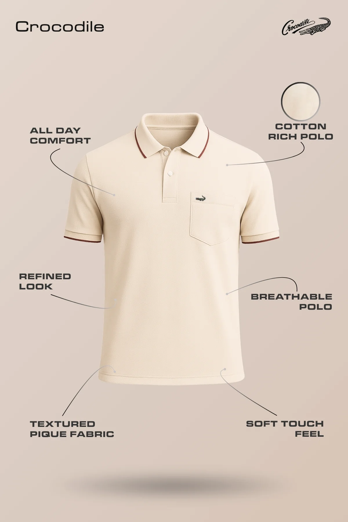 Oat Milk Beige Solid Polo T-Shirt with Pocket