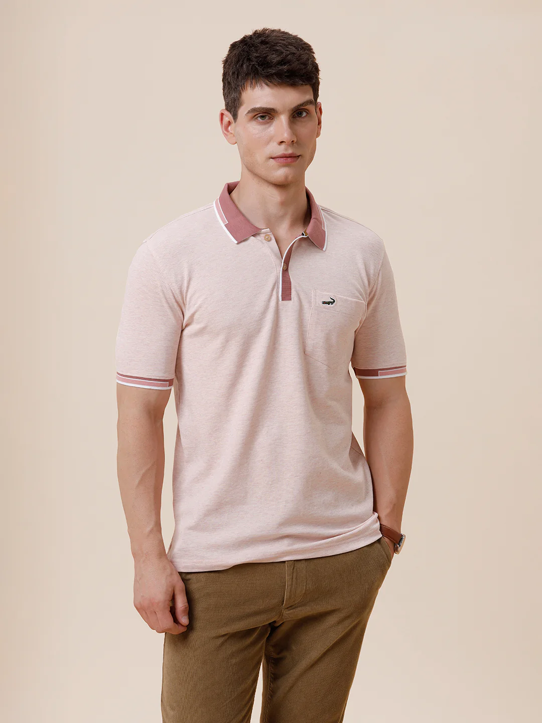 Melange Solid Polo Tshirt With Plated Collar & Cuff In Rose Melange