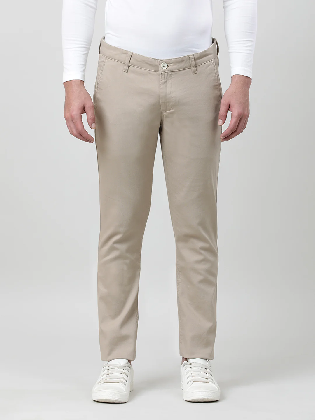Beige Solid Slim Fit Casual Trouser