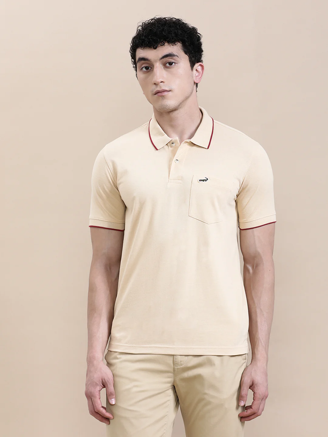 Oat Milk Beige Solid Polo T-Shirt with Pocket
