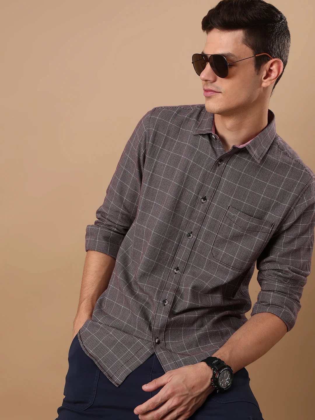 Casual Maroon Checked Full Sleeve 100% Cotton Shirt