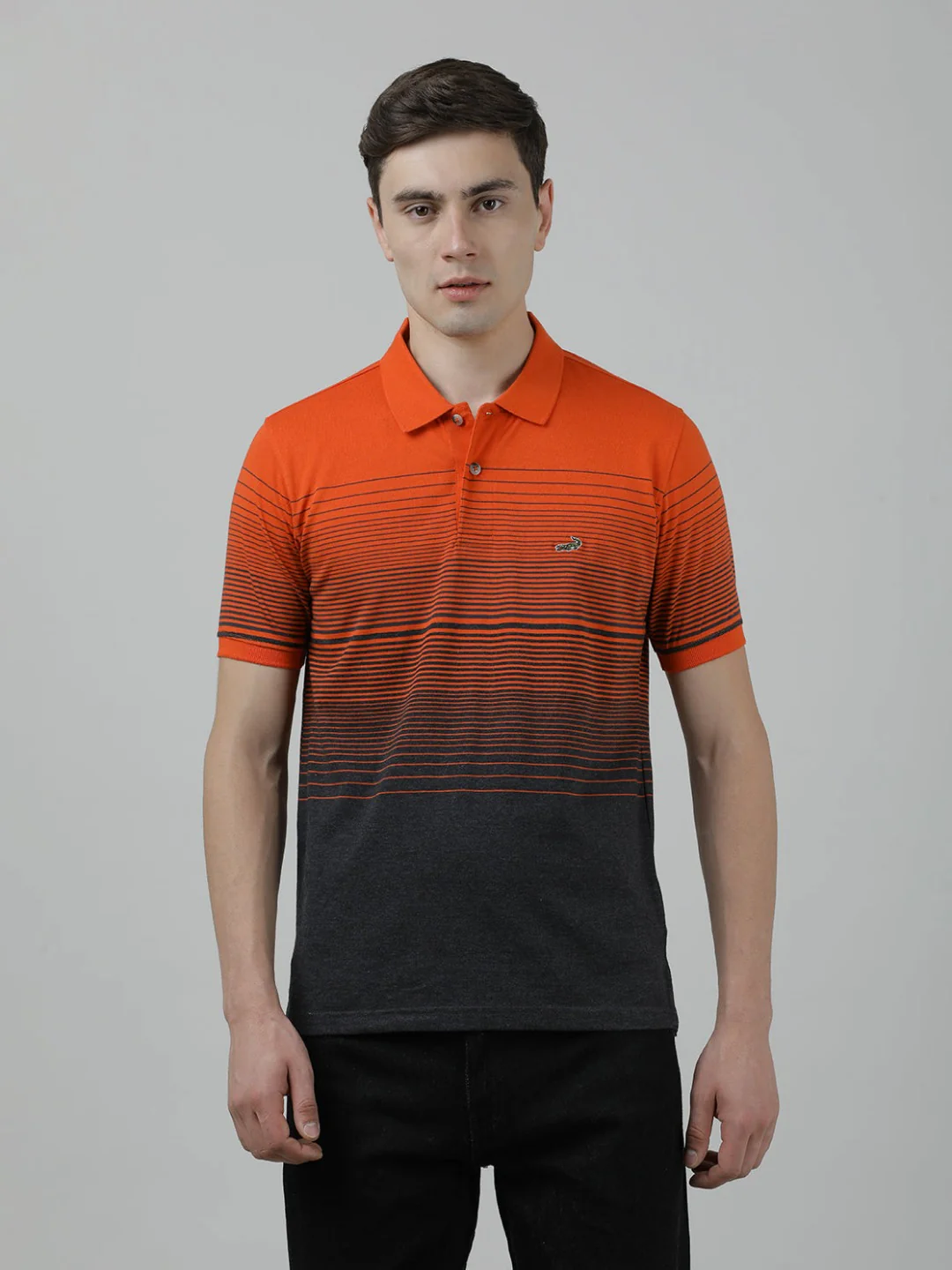 Orange Striped Casual Polo T-Shirt