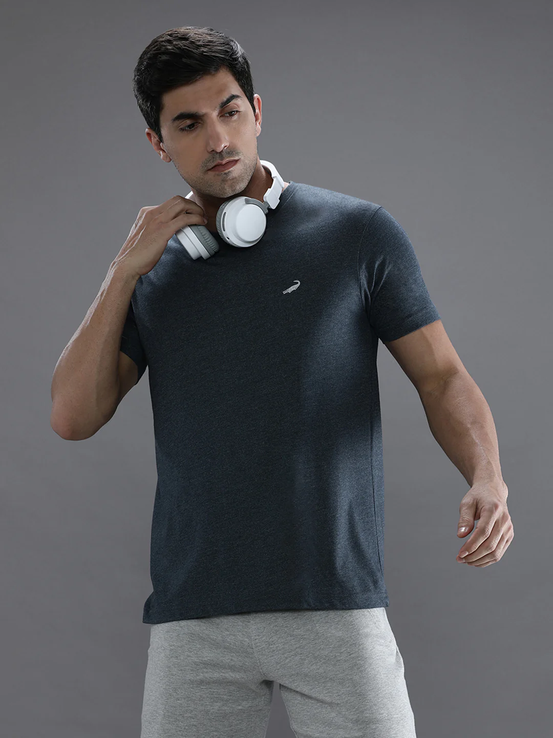 Denim Melange Blue Solid Casual T-Shirt