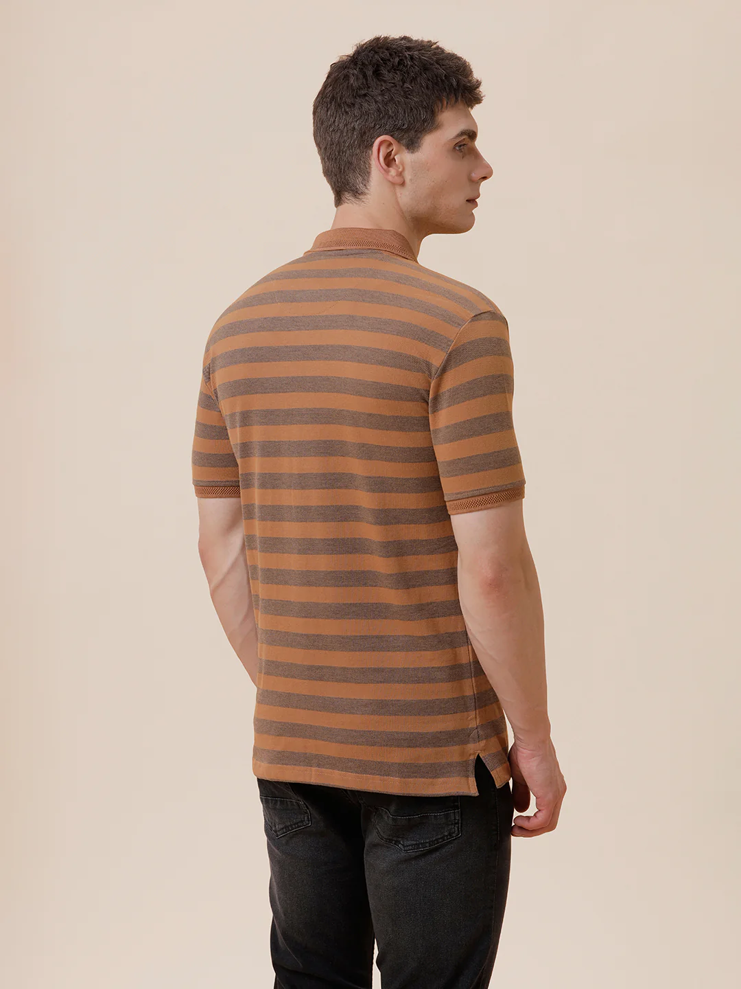 Tonal Melange 1X1 Striped Polo T-Shirt In Mustard