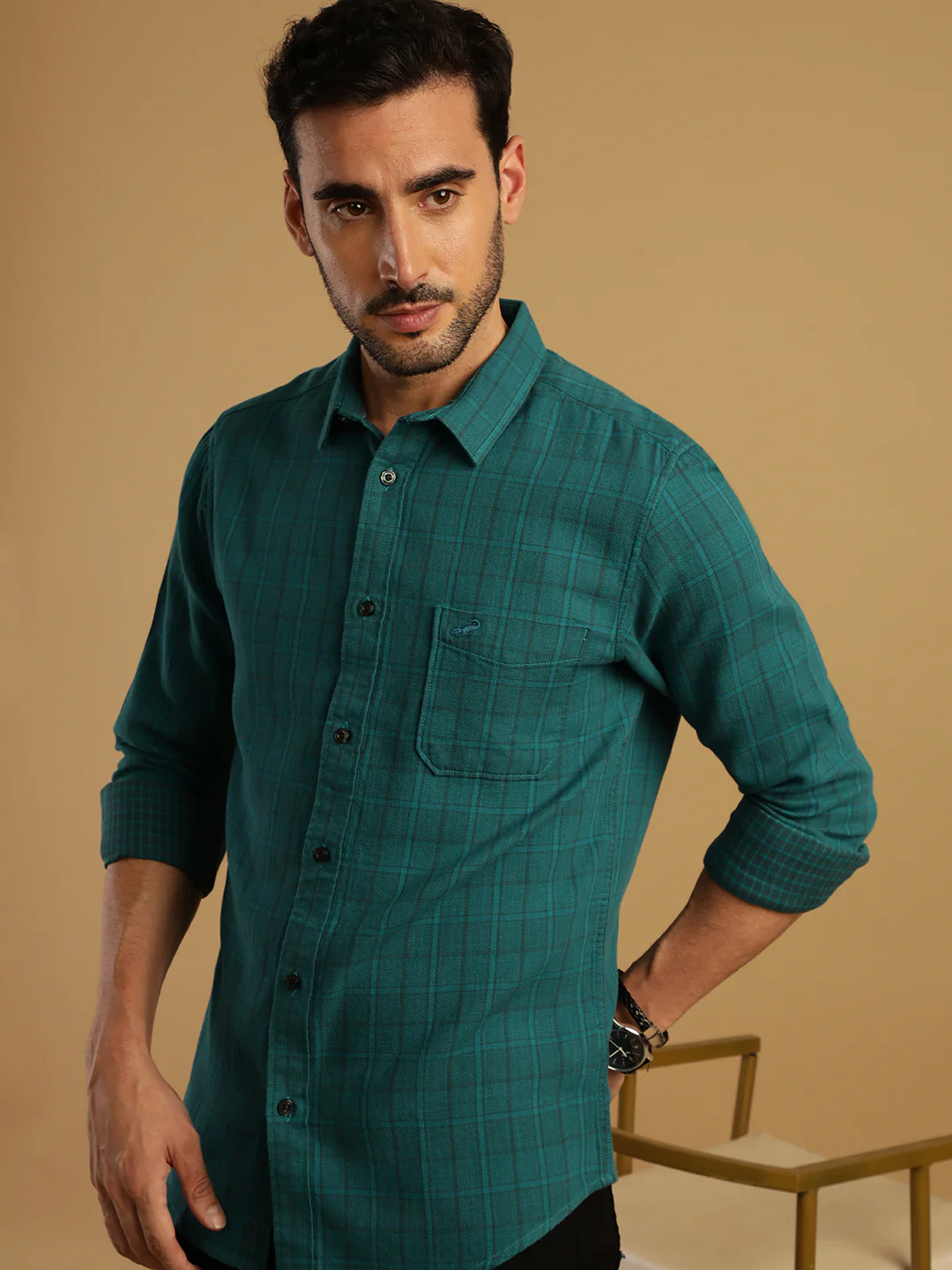 Teal Green Checked Full Sleeve 100% Cotton Shirt