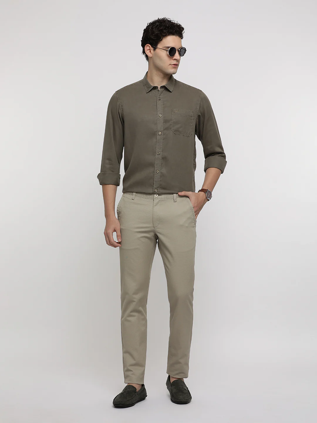Beige Textured Stretch Trouser