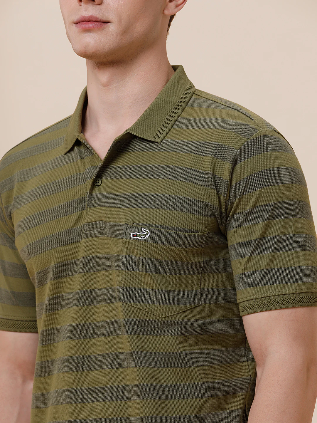 Tonal Melange 1X1 Striped Polo T-Shirt In Olive