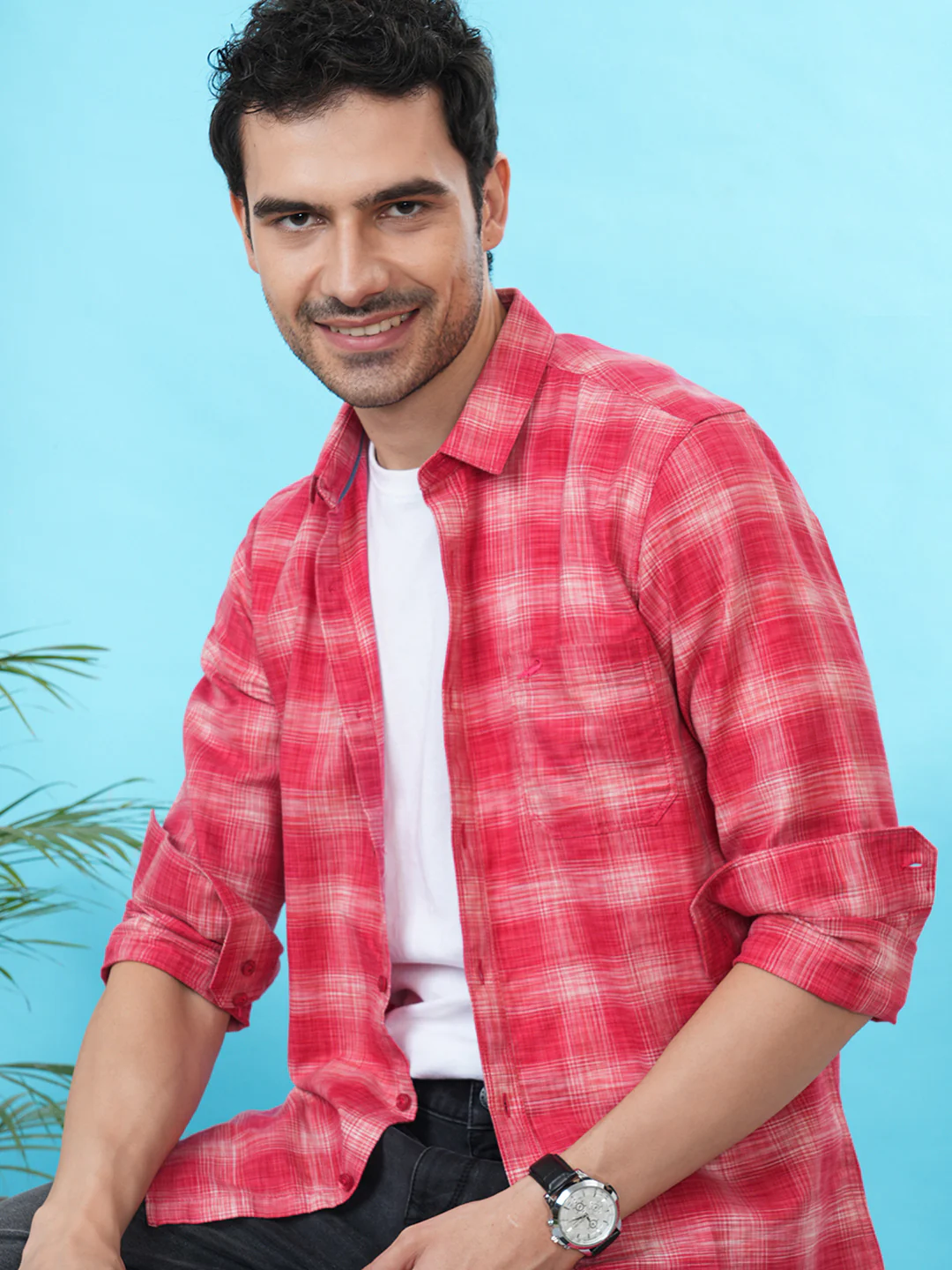 Cotton Uneven Look Ombre Check Shirt Red