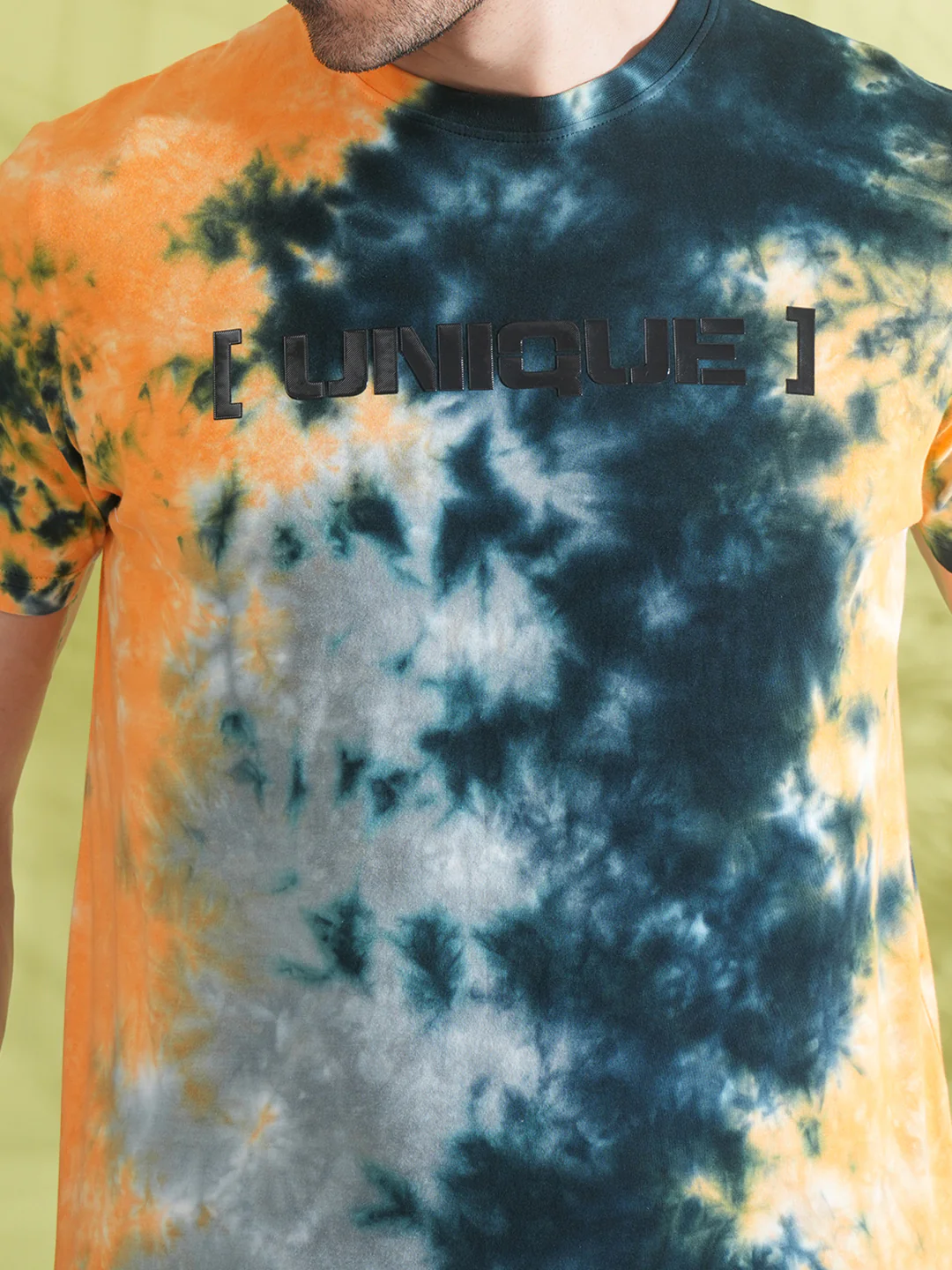 Tie Dye Asymetric T-Shirt With Chest Print In Yellow