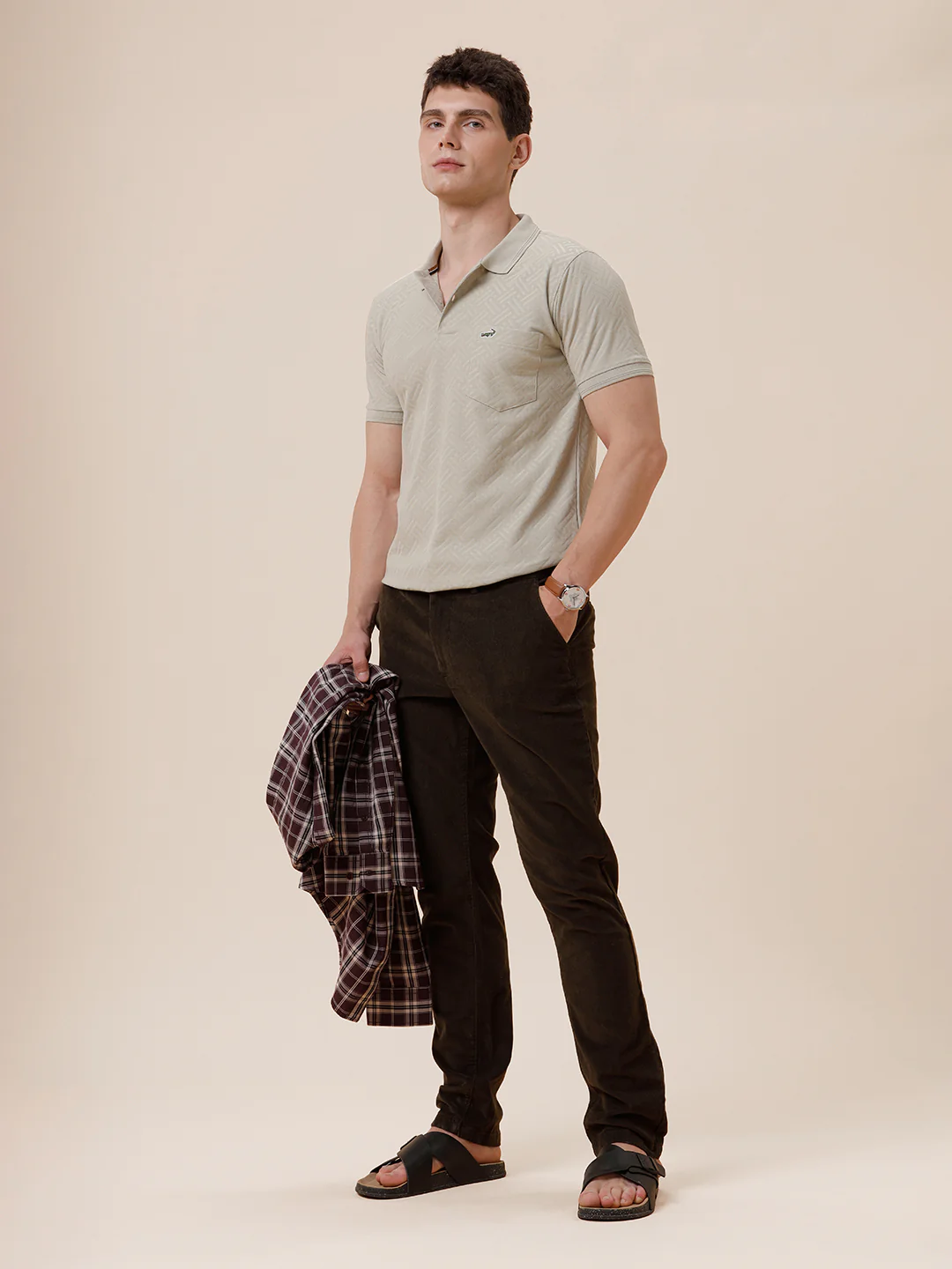 Diagonal Self Structure Solid Polo Tshirt In Stone