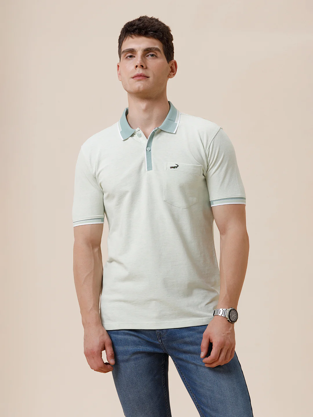 Melange Solid Polo Tshirt With Plated Collar & Cuff In Green Melange