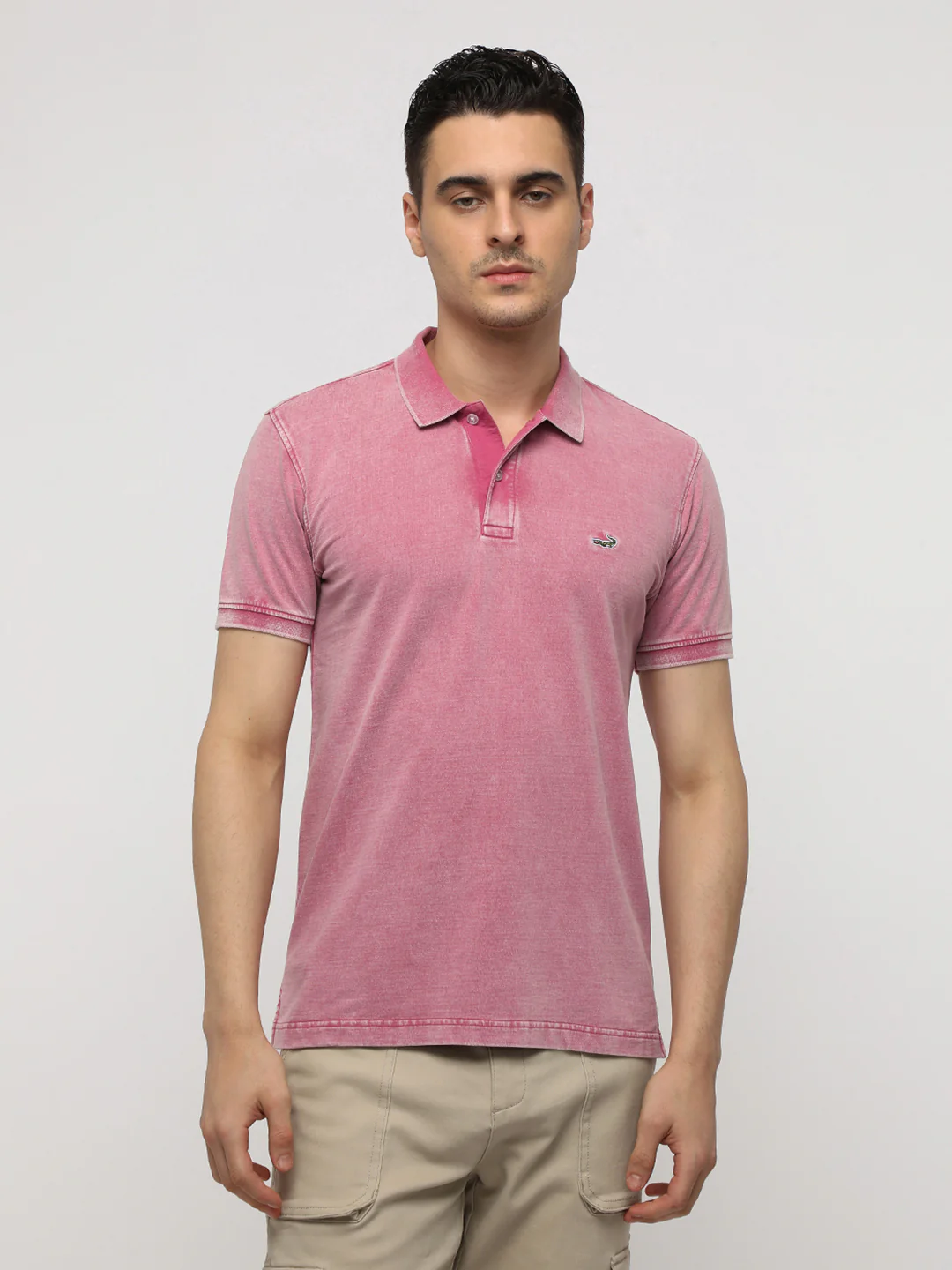 Acid Washed Solid Polo T-Shirt in Baby Pink