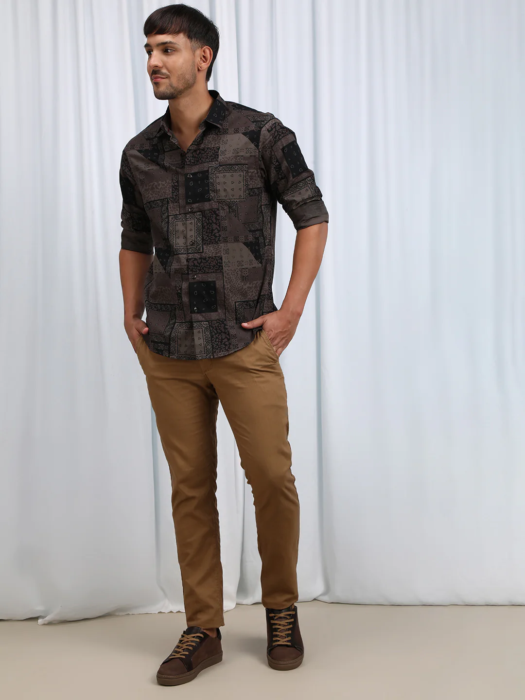 Brown Printed Full Sleeve Casual 100% Cotton Shirt