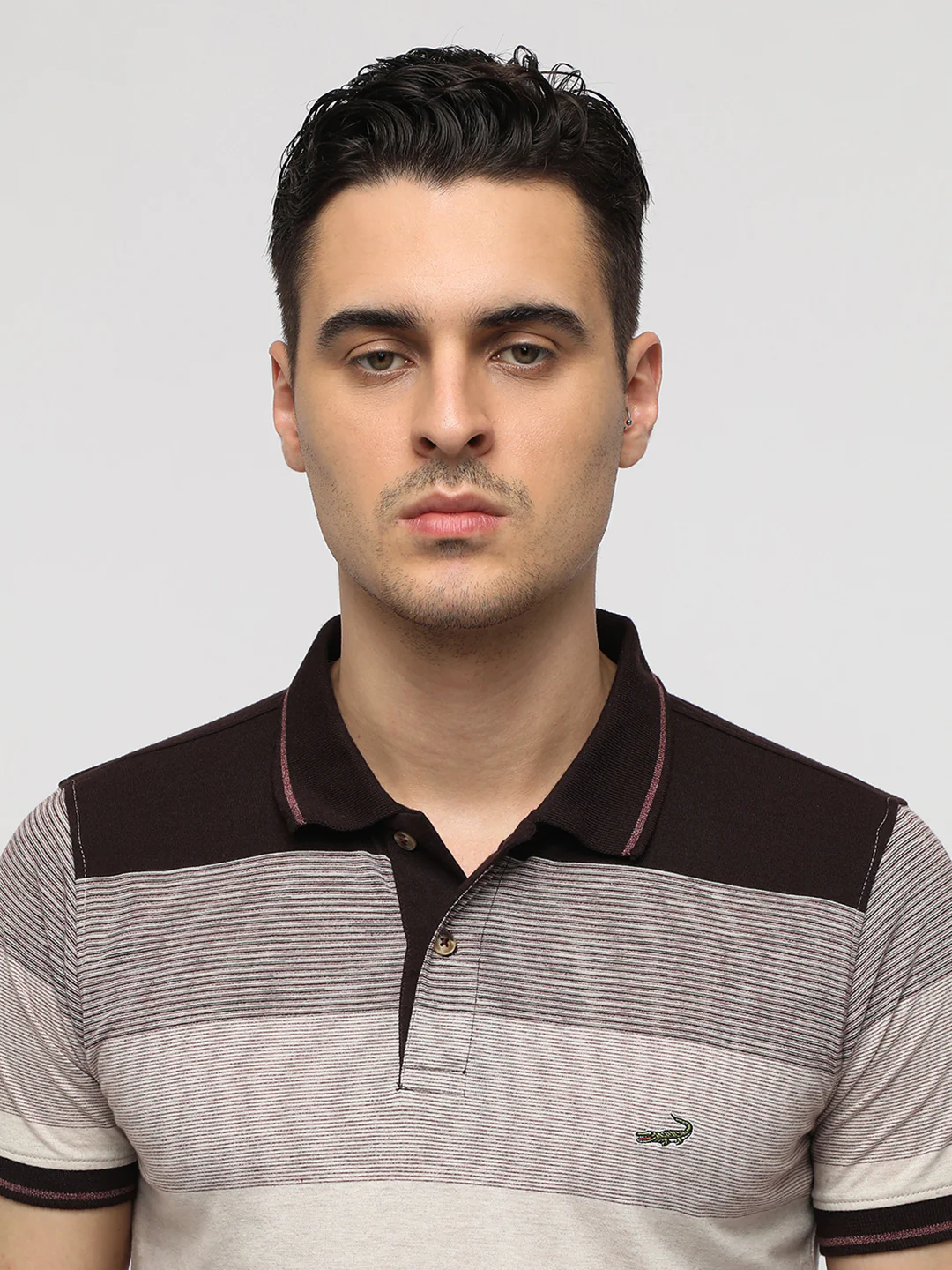 Engineered Striped Oyster White Slim T-Shirt with Cotton Poly Blend
