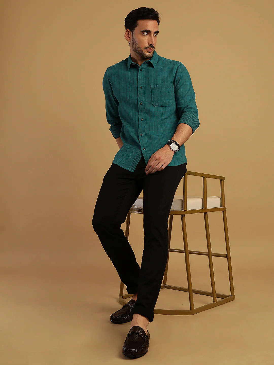 Teal Green Checked Full Sleeve 100% Cotton Shirt