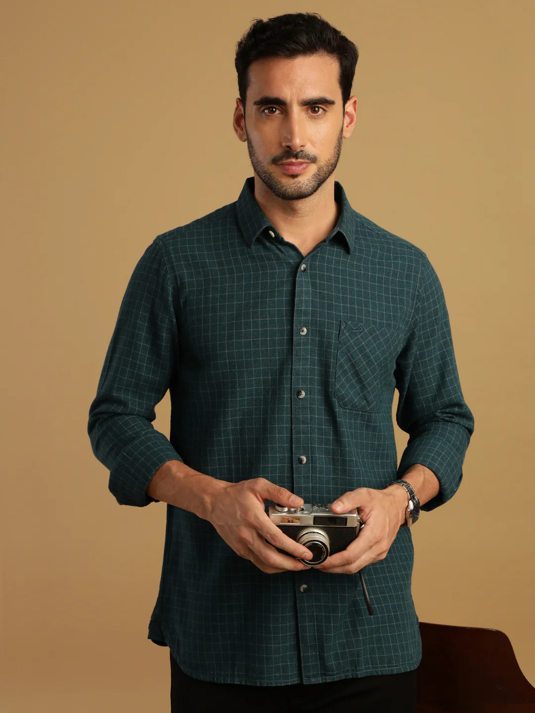 Teal Blue Checked Full Sleeve 100% Cotton Shirt