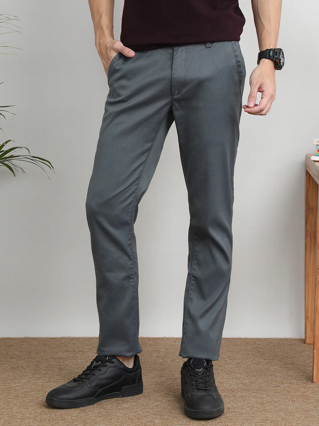 Solid Grey Casual Trouser