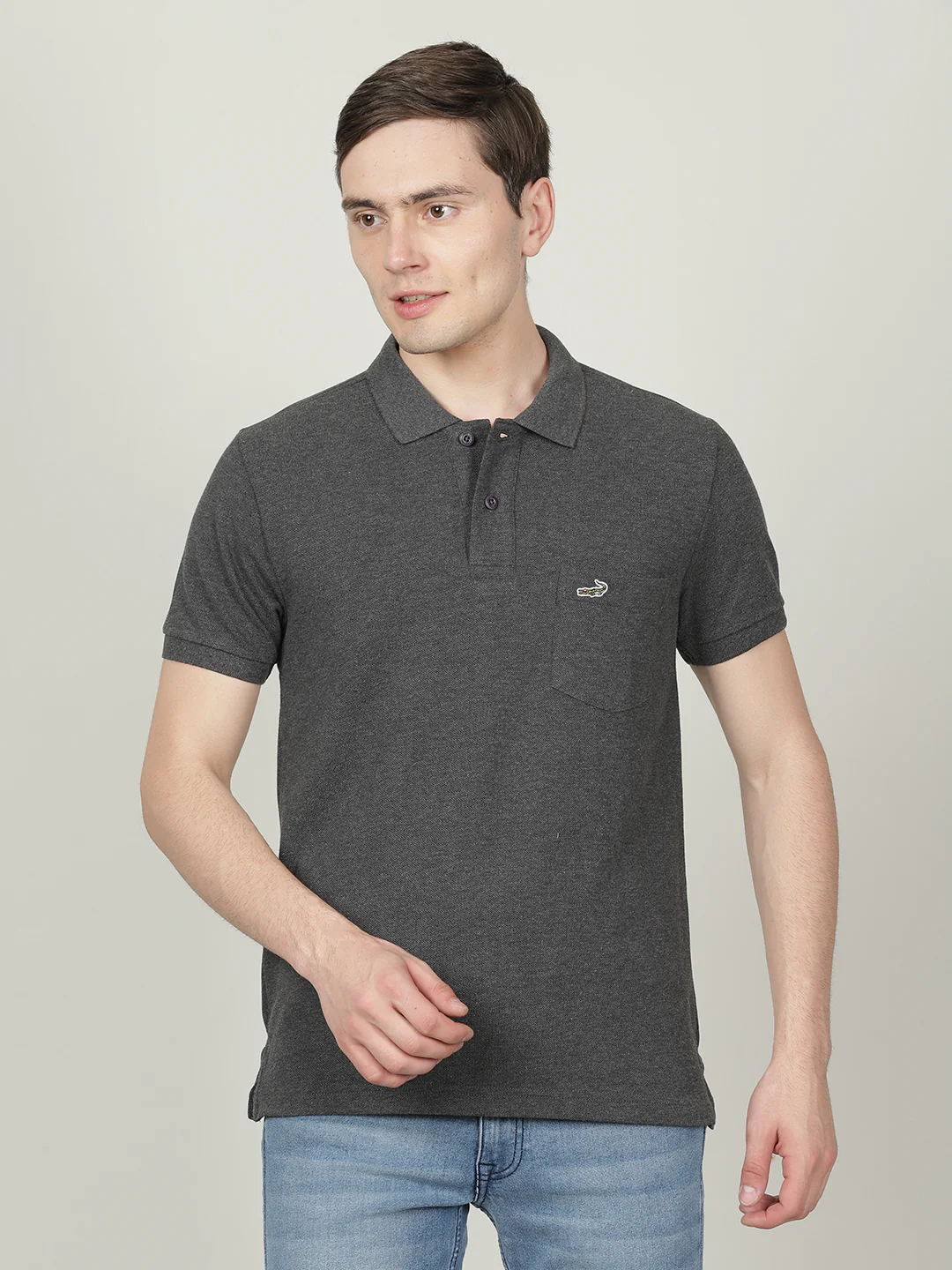 Anthra Melange Grey Solid Polo T-Shirt with Pocket