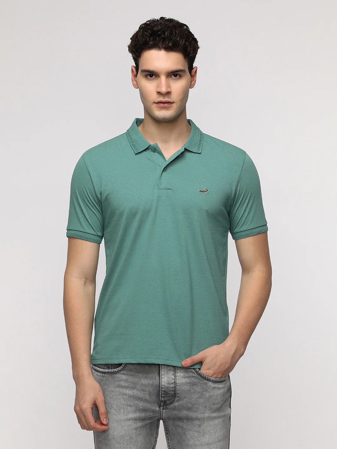 Solid Sporty Green Slim T-Shirt with Cotton Poly