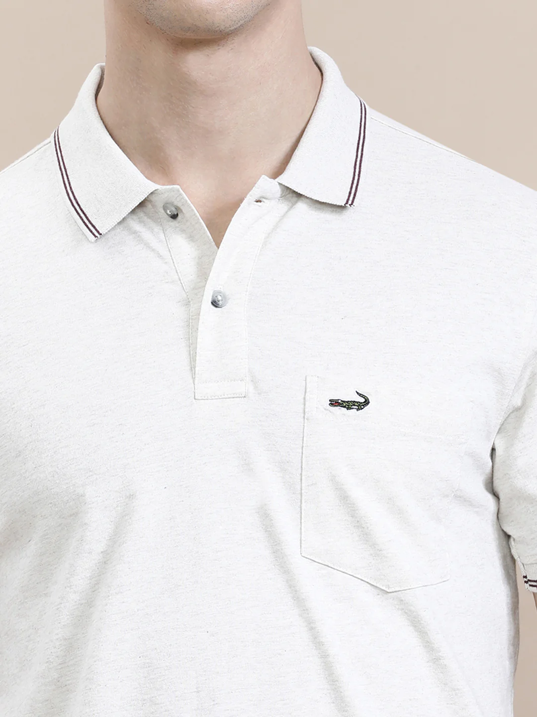 Beige Solid Casual Polo T-Shirt with Pocket