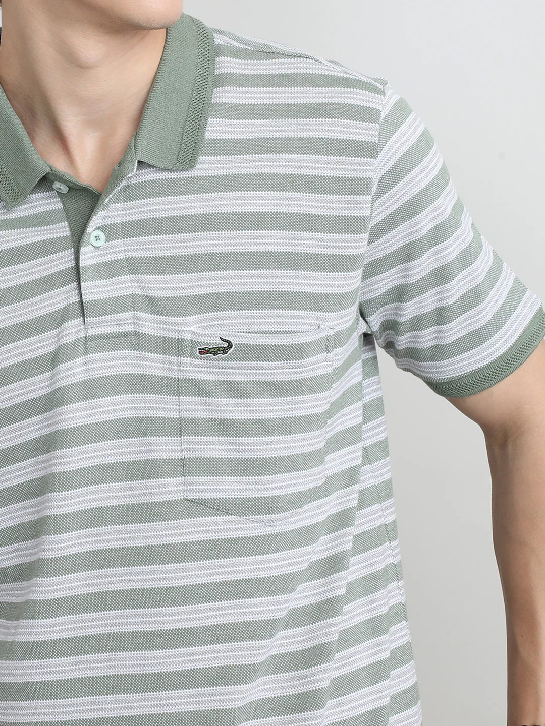 Striped Half Sleeve Casual Green Polo T-Shirt with Pocket